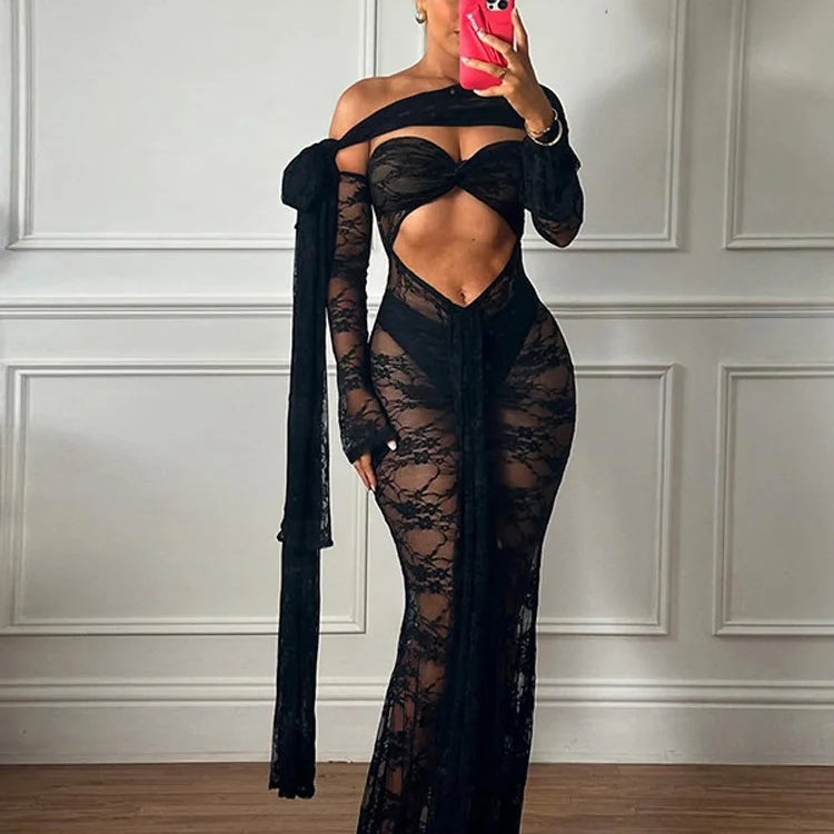 Sexy Lace See Through Black Long Dress Women Cut Out With Scarf Slim Fit Full Sleeve Maxi Dresses New Summer Evening Club Robes