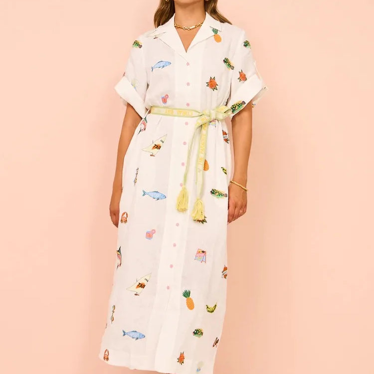 Trend Summer Fashion Print Elegant Women Lace Up Midi Dress Vintage Short Sleeves Chic Female Split Dresses Vestidos Mujer