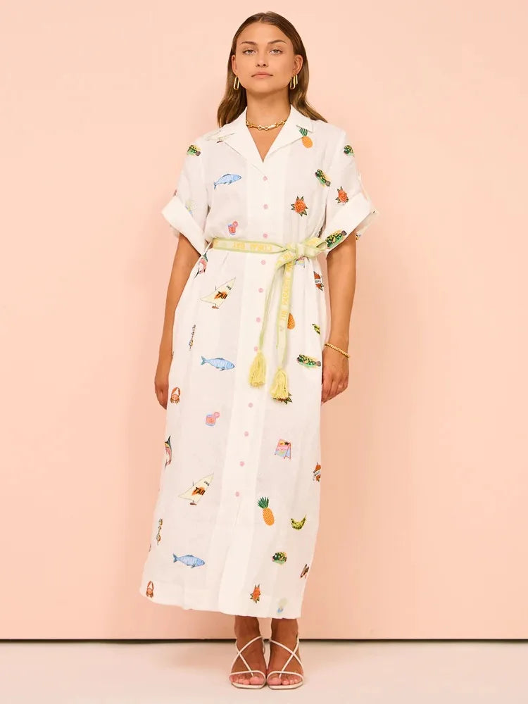 Trend Summer Fashion Print Elegant Women Lace Up Midi Dress Vintage Short Sleeves Chic Female Split Dresses Vestidos Mujer