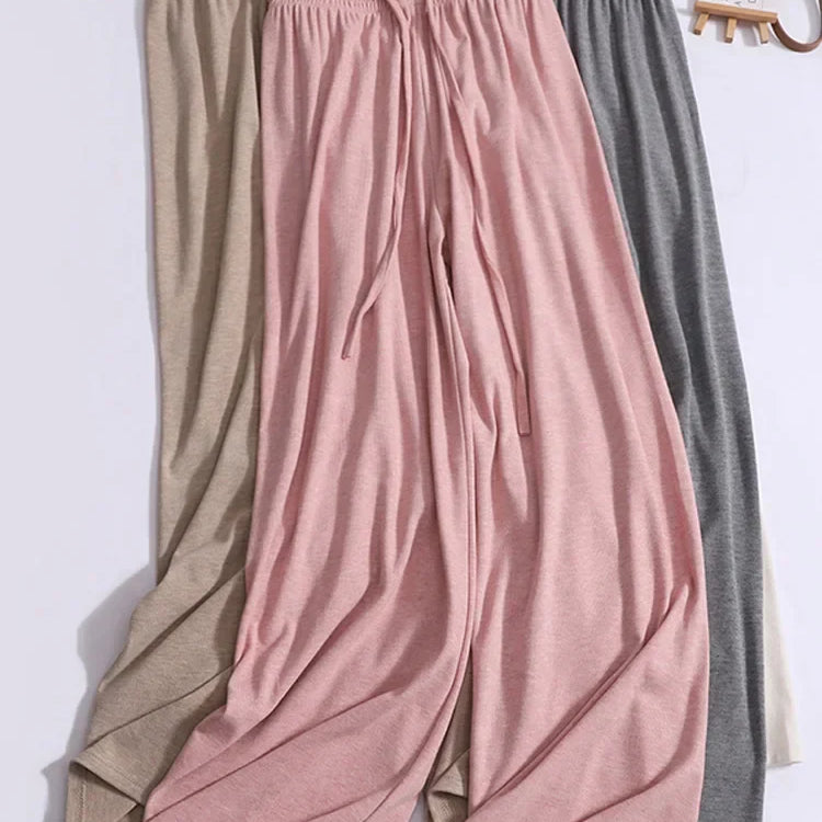 ABRINI Women Drawstring Elastic Waist Thin Solid Pants Casual Straight Pants Sports Wide Leg Trousers For Women Spring