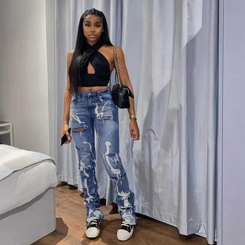 Casual Ripped Hole Jeans Women Fashion Gray Print High Waist Denim Skinny Trousers Streetwear Bottoms Y2K Stacked Pants Blue