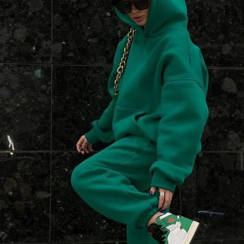 Fashion Women's Sports Two-Piece Autumn Hooded Long-Sleeved And Baggy Pants Fitness Set Solid Color Lady 2-Piece Suit Outfits