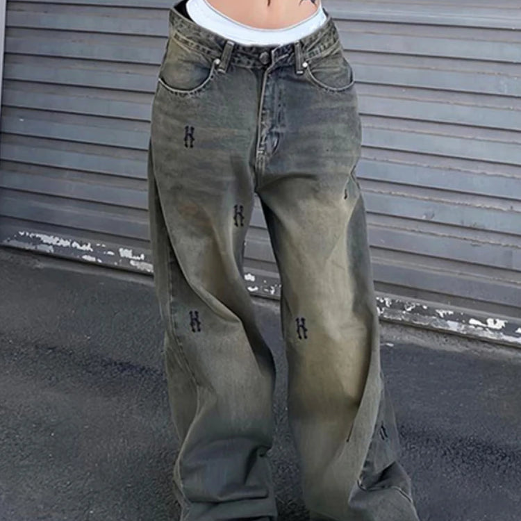 Street 90s Letter Printed Y2k Low Waist Jeans Vintage Baggy Jeans Women Casual Denim Pants Female Sexy Bottom Retro