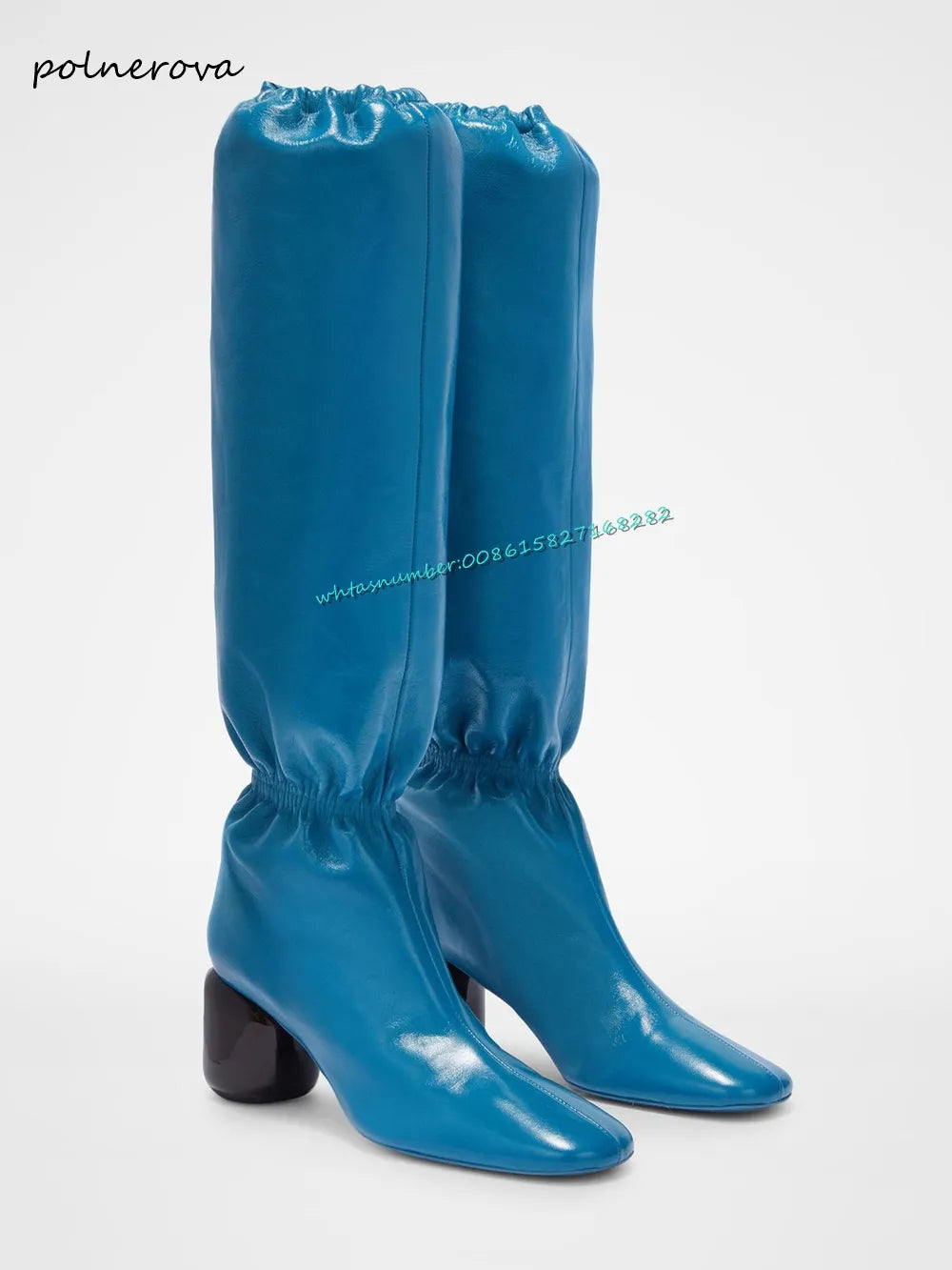 Strange Style Lantern Boots Solid Pointy Toe Leather Boots Fashion Runway Party Shoes for Women Autumn Leisure Sexy BLUE