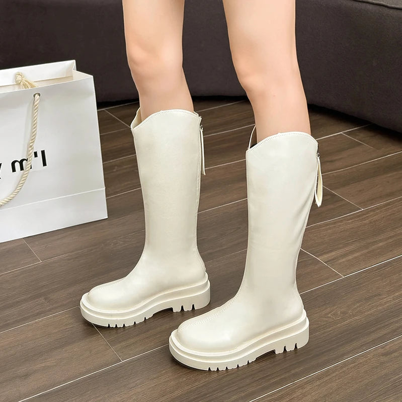 Winter British Round Toe Mid Heel Knight Boots PU Leather Breathable and Simple Versatile Coarse Heel Fashion Boots for Women