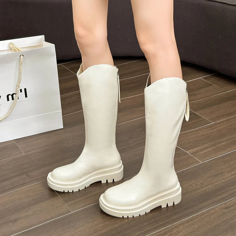Winter British Round Toe Mid Heel Knight Boots PU Leather Breathable and Simple Versatile Coarse Heel Fashion Boots for Women
