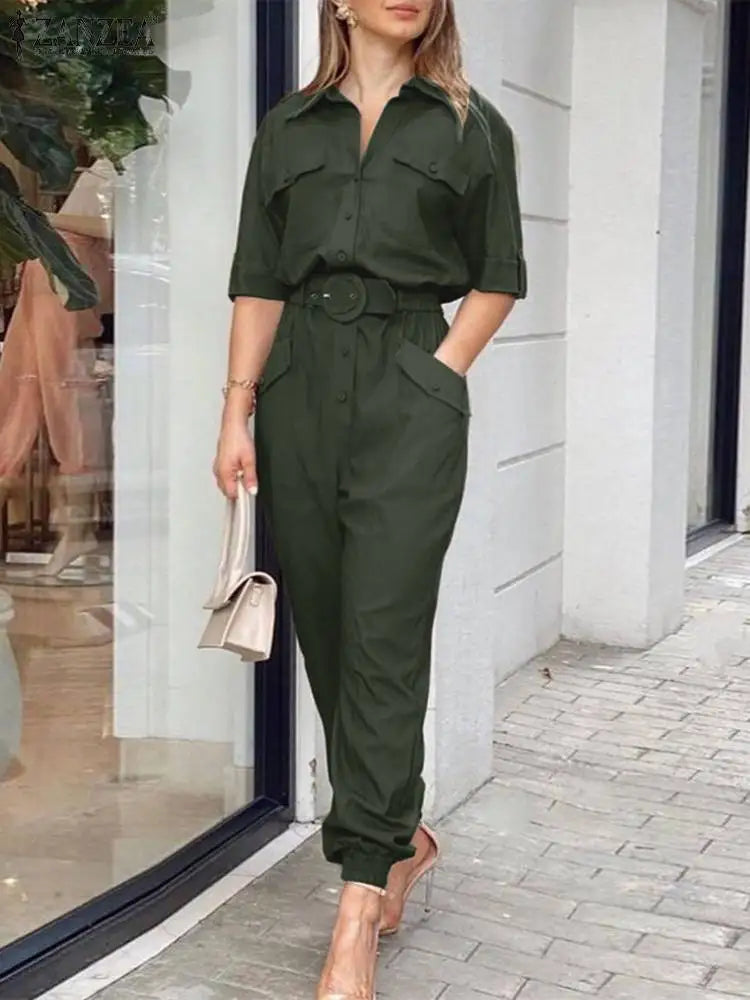ZANZEA Summer Fashion Work Jumpsuits Woman Lapel Neck Cargo Playsuits Female Elegant OL Party Rompers Loose Pant Oversized 2024 Dark Green