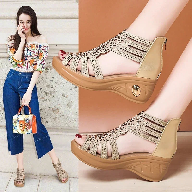 Fashion Wedge Sandals Women Summer Shoes Elegant Ladies Rome Hollow Out Sandals Female Sandalias Black Wedge Heels