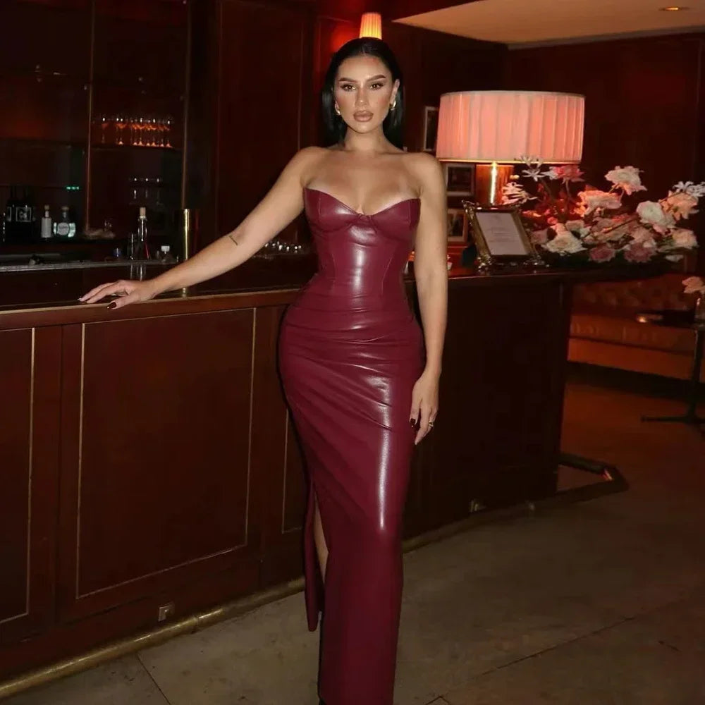 Suninheart Autumn Strapless Party Dresses 2024 New Arrivals Wine PU Corset Dress Sexy Midi Bodycon Night Event Dress Women