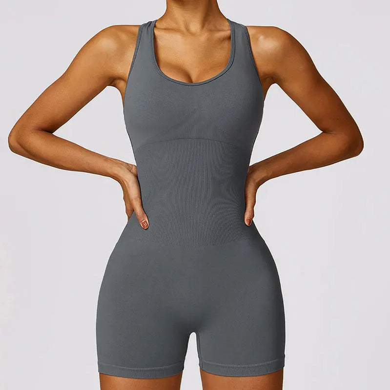 New Yoga Set Seamless Women's Jumpsuits One-Piece Gym Push Up Workout Clothes Fitness Bodysuit Sportswear Tracksuit Short Sleeve volcanic ash2 CHINA