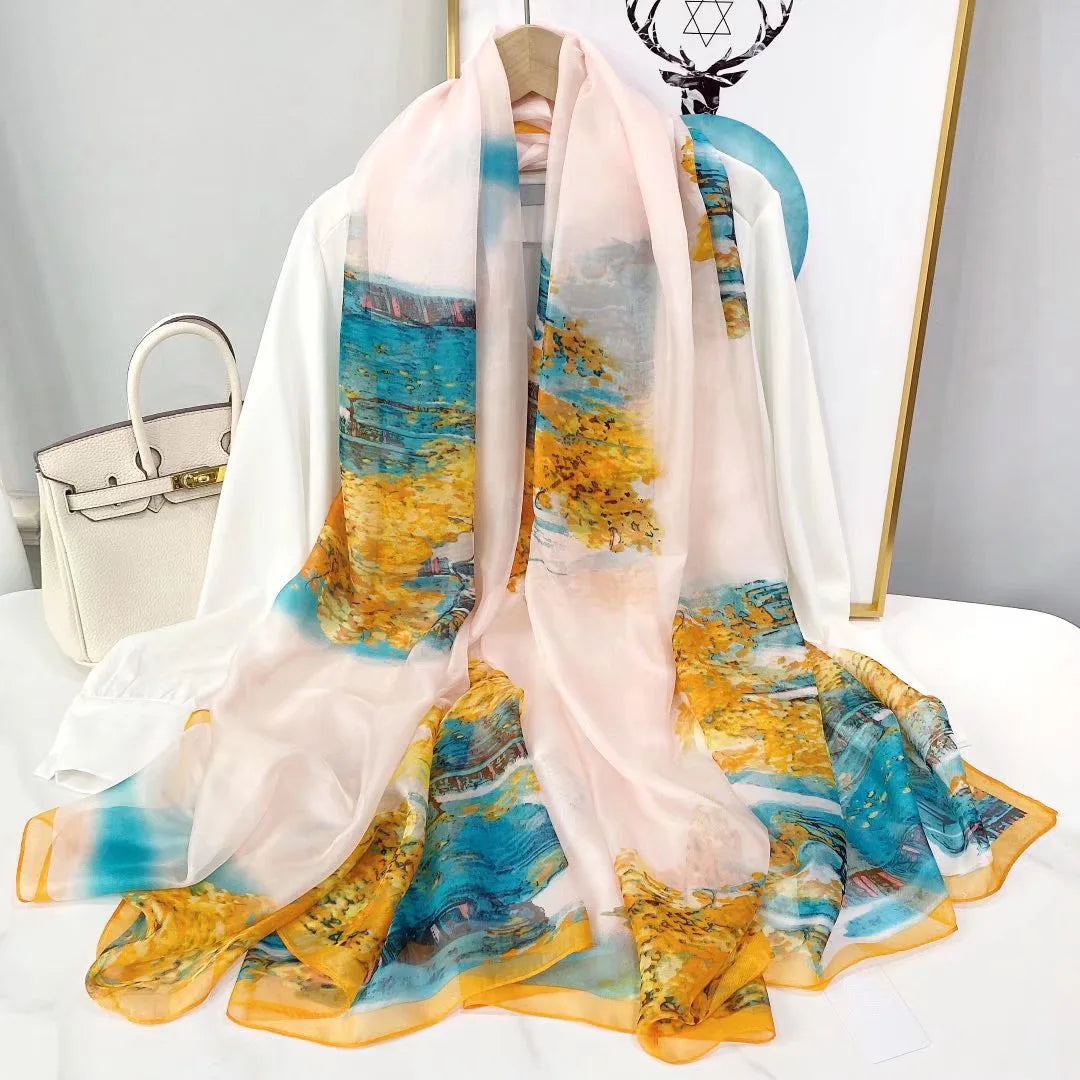 Print Silk Scarf Hijab Women Spring Deisgn Soft Beach Stoles Elegant Head Scarves Echarpe Shawl Satin Large Wrap Echarpe Bandana see chart 42