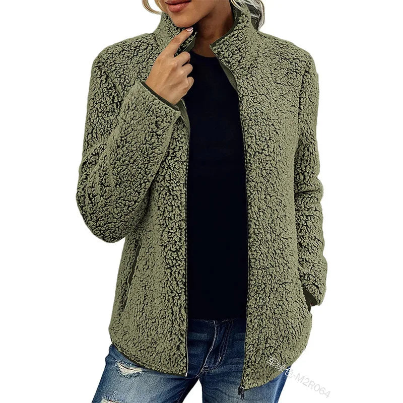 Women Solid Fleece Jackets Casual Fashion Stand Collar Coat Female Long Sleeve Zipper Outerwear Lady Clothes Autumn Winter Army Green