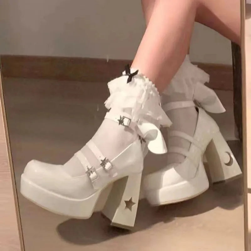 Y2k Chunky Platform High Heels Pumps Women 2023 Spring Punk Thick Heel Mary Jane Lolita Shoes Woman Patent Leather Cosplay Shoes WHITE
