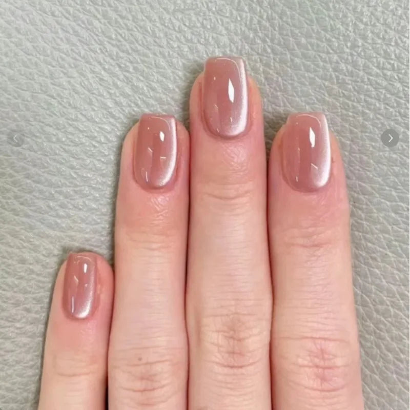 24Pcs Solid Color Pink False Nails Set with Glue Simple Short Square Head Fake Nail Cat's Eye Press on Nails Finished Nail Tips