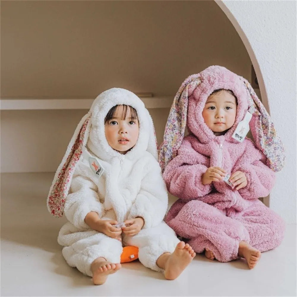 Autumn Winter Baby Girls Boys Rabbit Romper Slouchy Zipper Newborn Jumpsuit Hooded Pajamas Baby Boys Plush Homewear Outfits