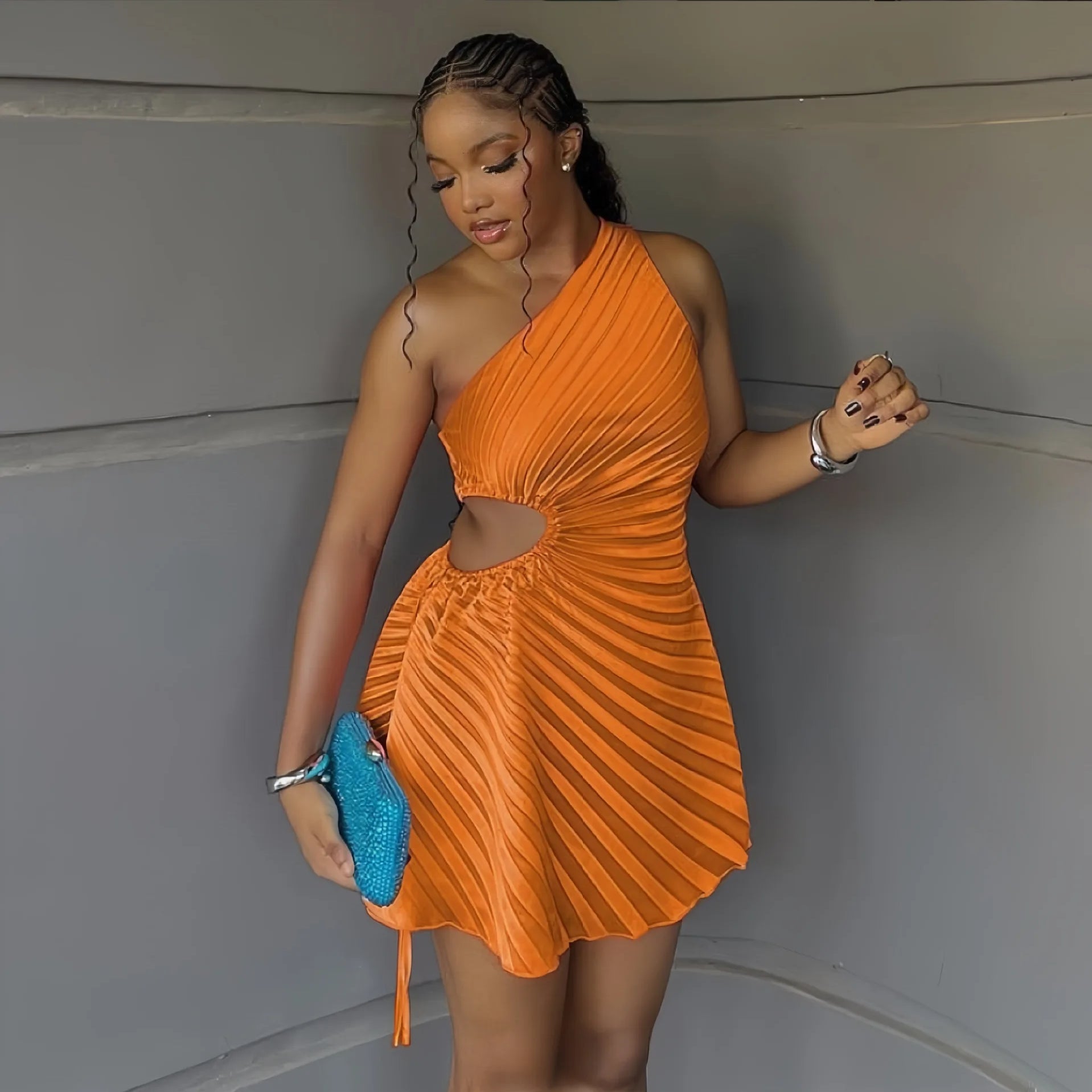 CM.YAYA Women Pleated One Shouloder Sleeveless Cutout Waist Dress 2025 Evening Sexy Club Party Evening High Street Dresses