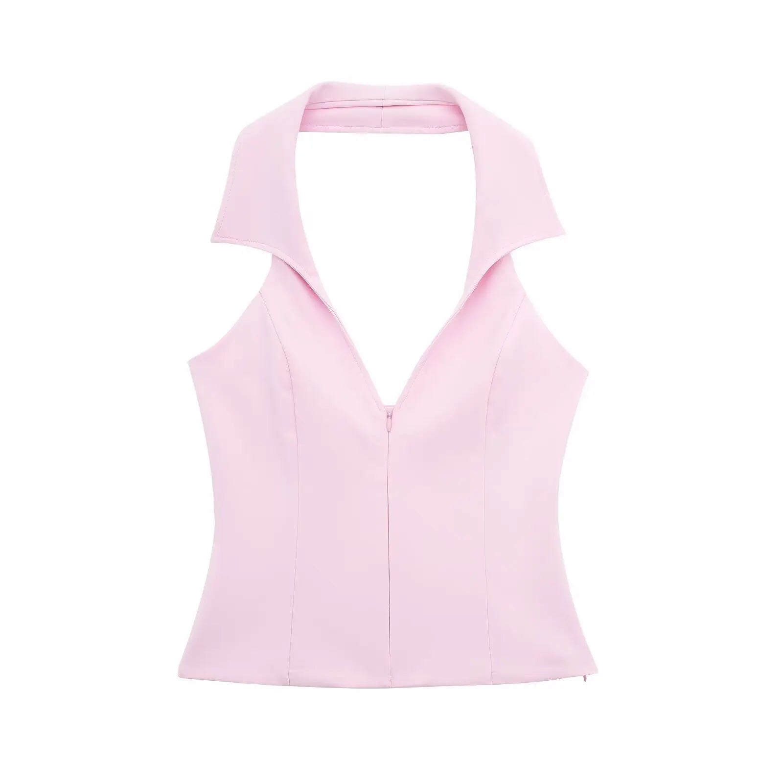 TRAF Summer Women Pink Shorts 2 Pieces Set High Waist Mini Skirts Shorts Sexy V-Neck Sleeveless Backless Suspender Zipper Top Pink Top