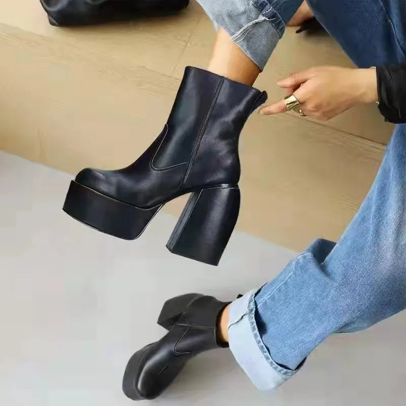 Women Punk Style Autumn Winter Chunky Platform High Boot Party Shoes Ladies Black Thick Heels Elastic Knee High Boots short
