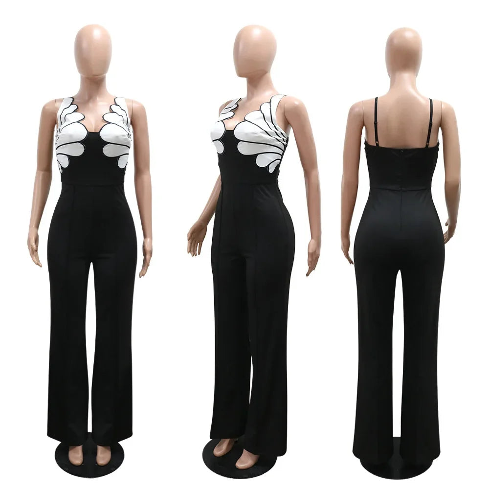 CM.YAYA Women V-Neck Backless Wide Leg Straight Sleeveless Jumpsuits 2025 Spring Patchwork Sexy One Piece Set Streetwear Outfits