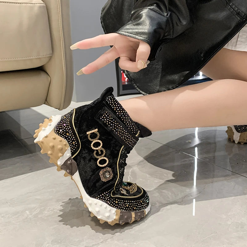 Ladies Vulcanized Shoes High Top Durian Sole Women Shoes Fashion Rhinestone Decoration Magic Sticker Lace Up Black Women Shoes