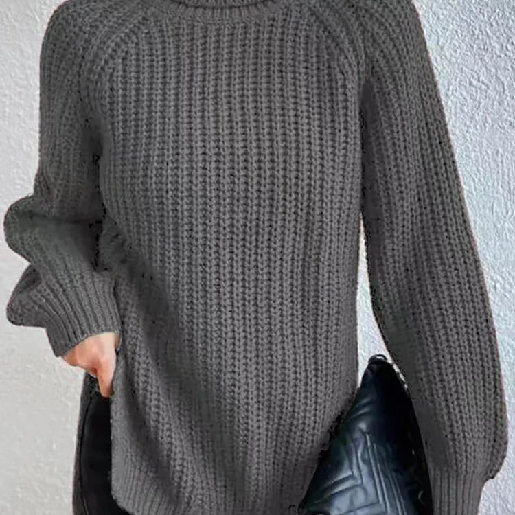 Women Winter Turtleneck Loose Sweater Elegant Drop Sleeve Side Split Pullover Vintage Harajuku Chic Jumpers Oversized knit Tops Dark Grey