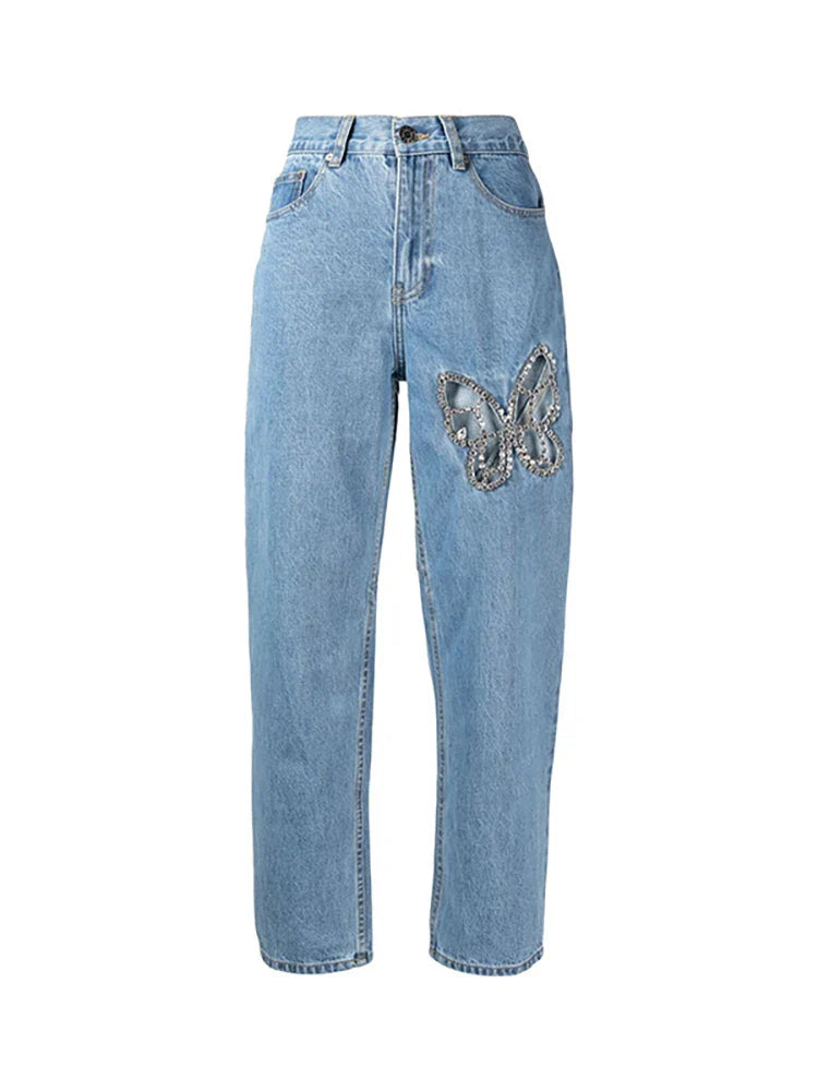 DEAT Women Notched Collar Diamond Tassel Short Denim Coat High Waist Butterfly Hollow Out Jeans Summer New Fashion 29L2717