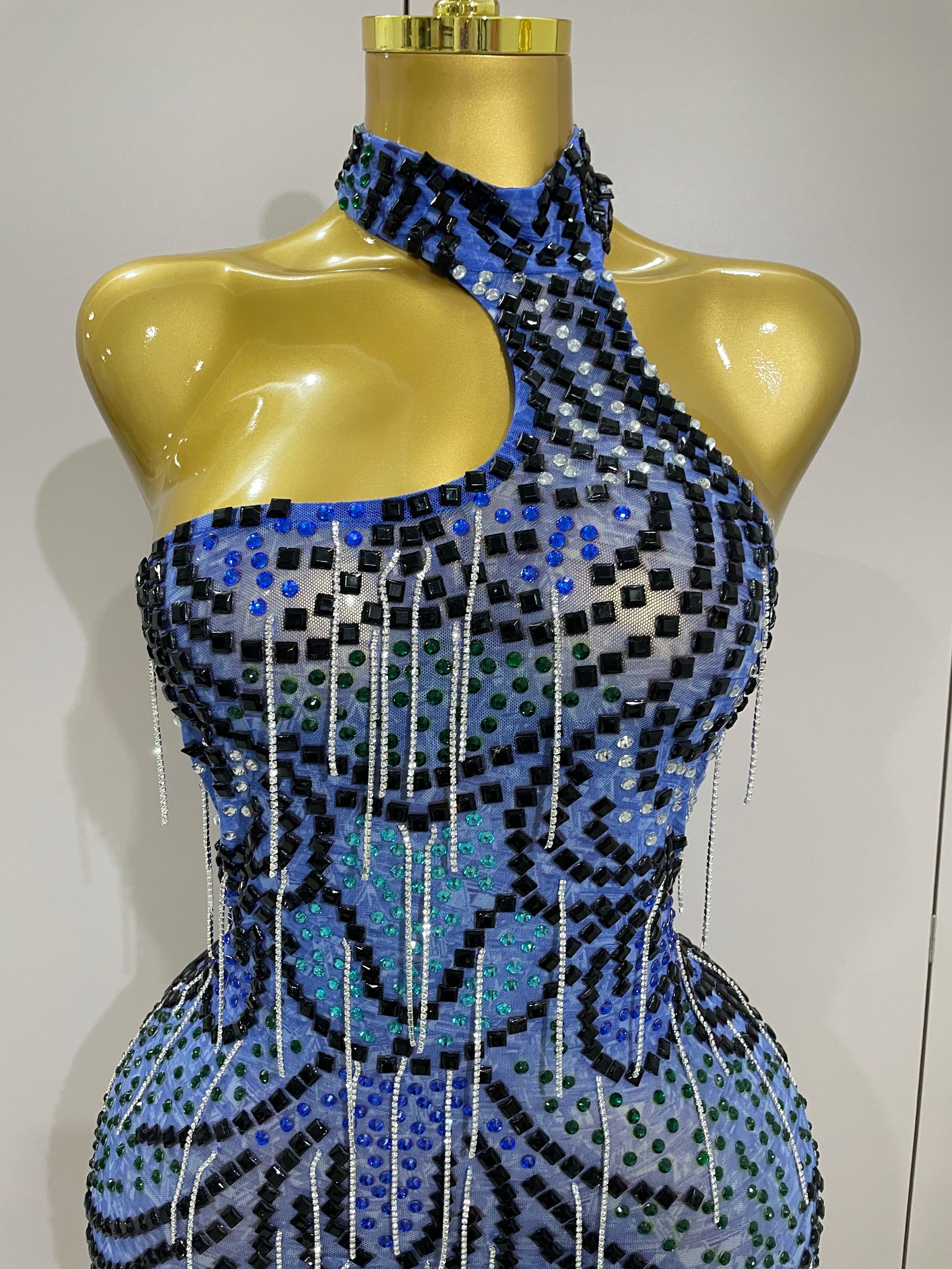 Sexy Sparkly Rhinestones Chains Blue Mesh Short Dress 2025 New Women Party Celebrate Birthday Dresses Photo Shoot Stage Wear