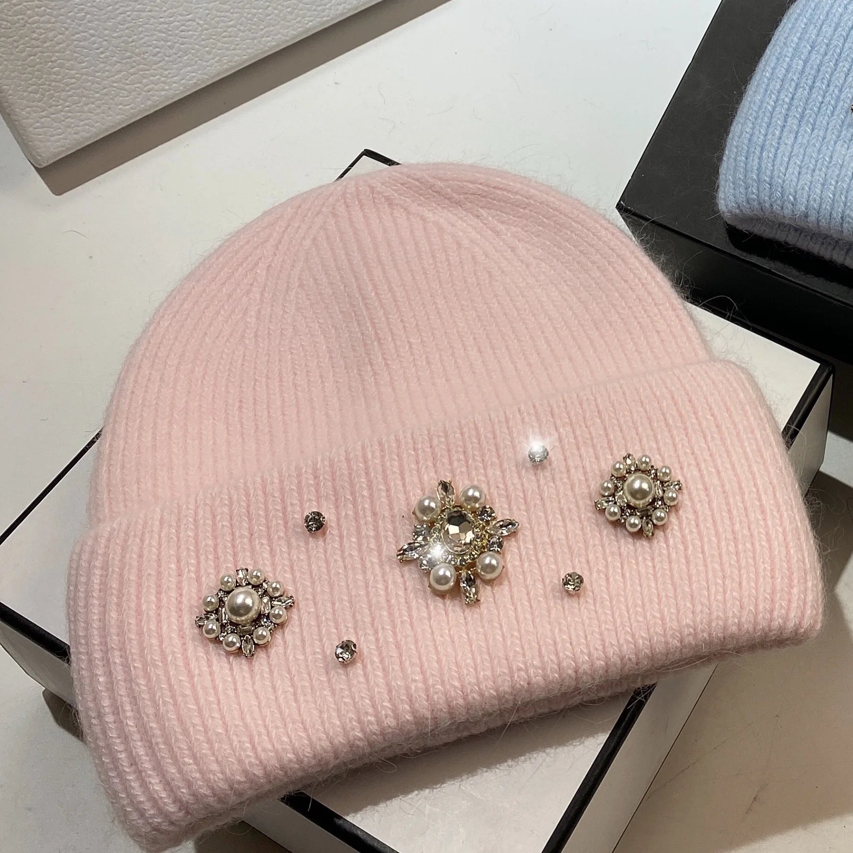 Real Rabbit Fur Winter Warm Knitted Hat Luxury Rhinestone Women's Wool Skullies Beanies Female Cold Hat Outdoor Skiing Cap Pink