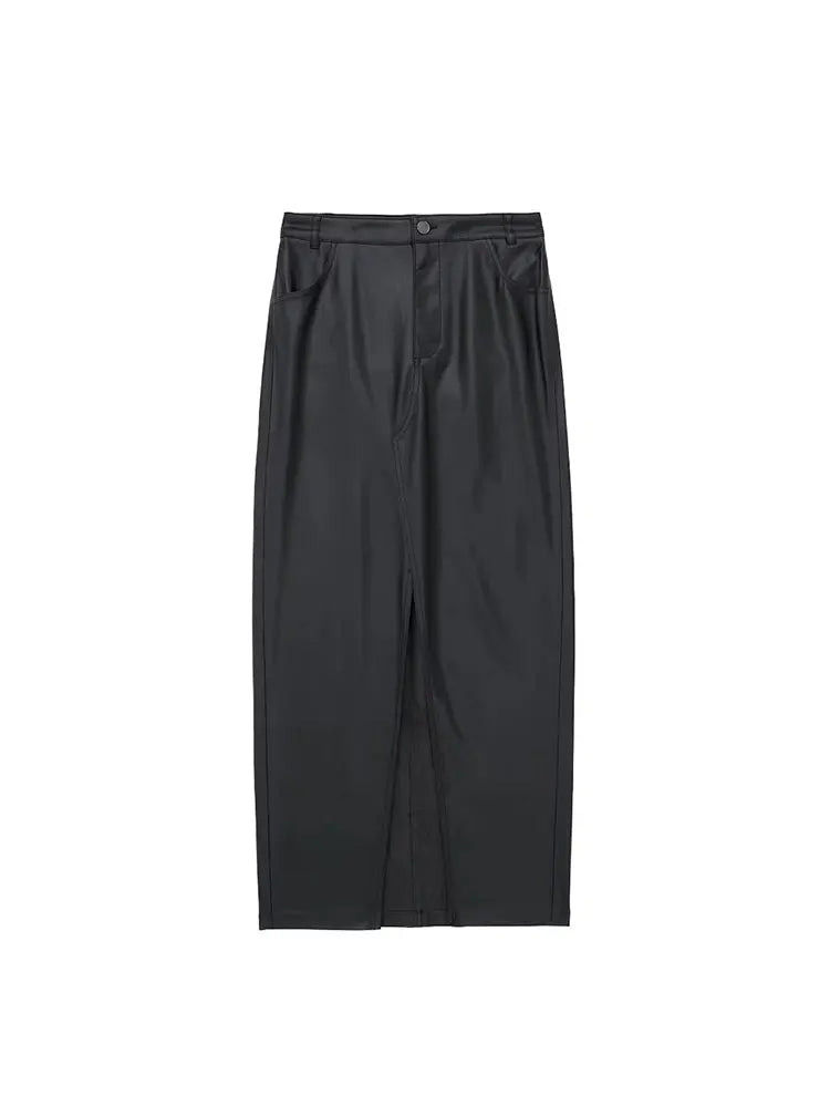 TRAF 2023 Autumn Women's Zipper Fly Lady Skirts Mujer Side Pockets Faux Leather Midi Skirt Clothing