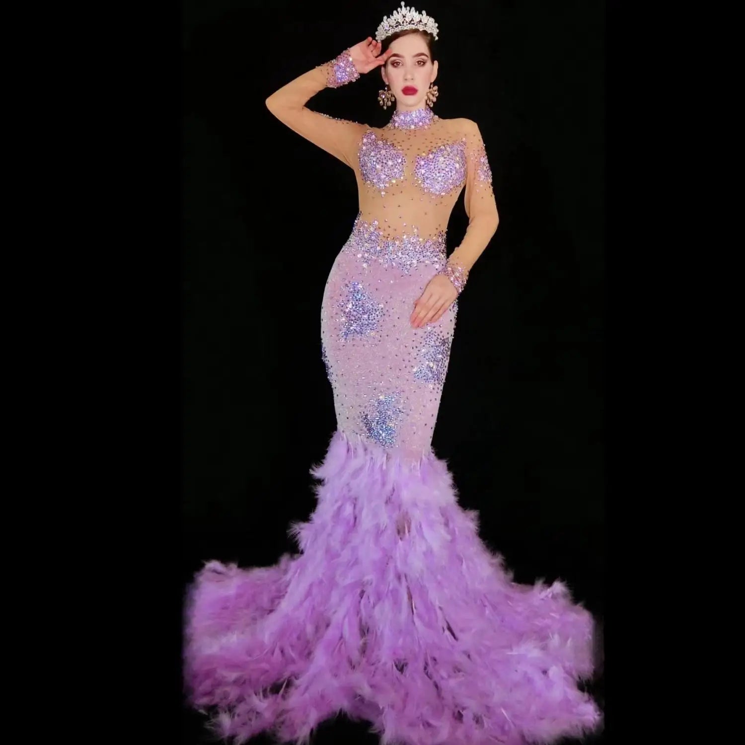 Luxury Rhinestone Long Feather Dresses for Women Birthday Celebrate Evening Prom Gown Singer Performance Stage Costume Shenniao