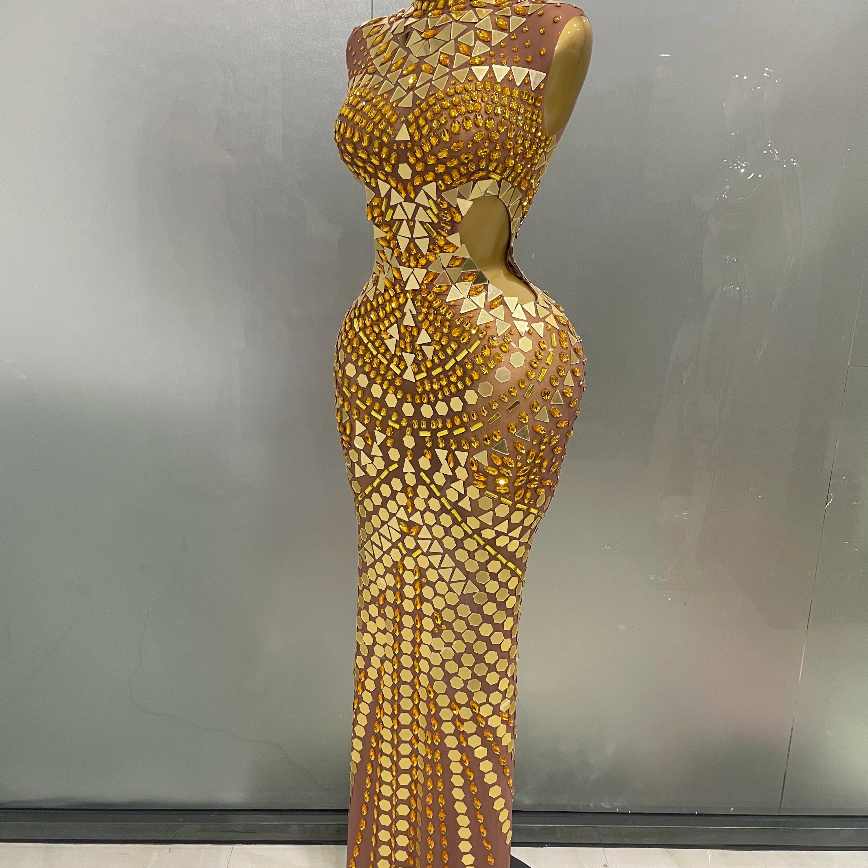 Luxury Shiny Mirror Rhinestones Hollowed-out Long Dress 2025Women Celebrity Evening Party Catwalk Prom Stage Photo Shoot Dresses