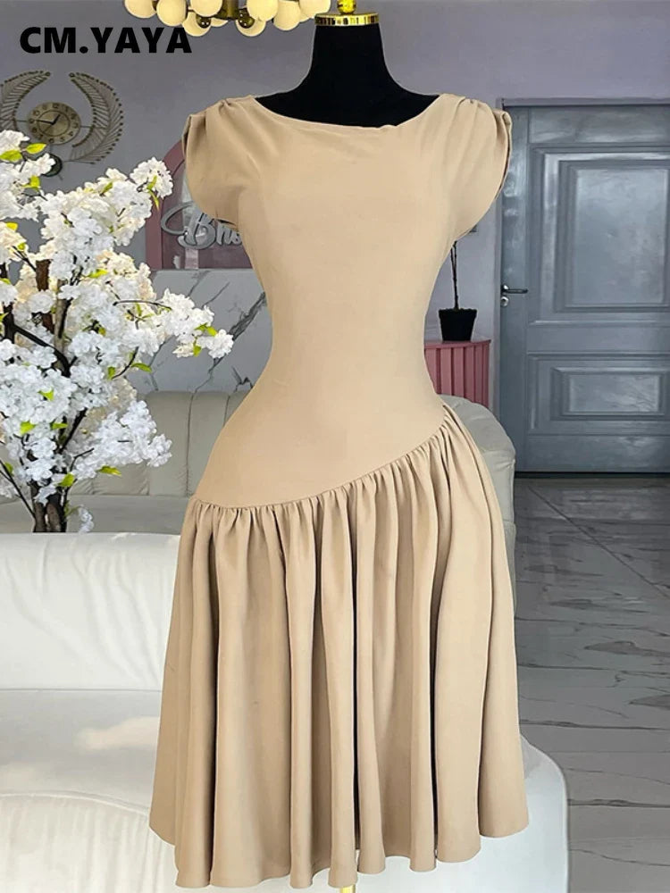 CM.YAYA Women Ruched Shoulder Big Swing Ball Gown Pleated Vintage Dress 2025 Sexy Club Party Evening High Street Dresses