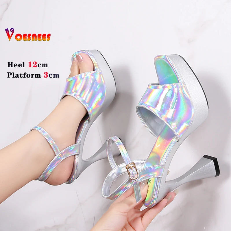 Laser 12CM Women Sandals Peep Toe Platform Shiny Colors Block Heels Pumps Summer Thick High Heel Shoes Woman Outdoor Slides