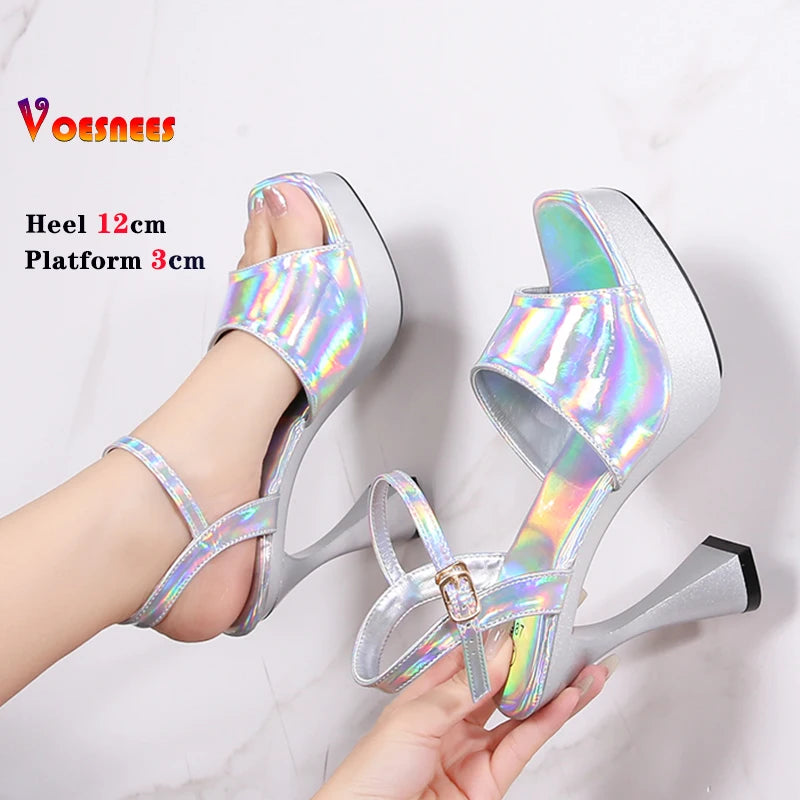 Laser 12CM Women Sandals Peep Toe Platform Shiny Colors Block Heels Pumps Summer Thick High Heel Shoes Woman Outdoor Slides