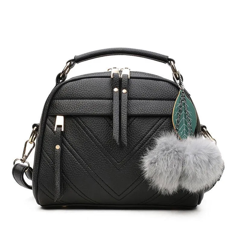 Women Messenger Bags PU Leather Handbag Inclined Shoulder Bag Women Crossbody Handbags Bag Ball Tassel Bag Black