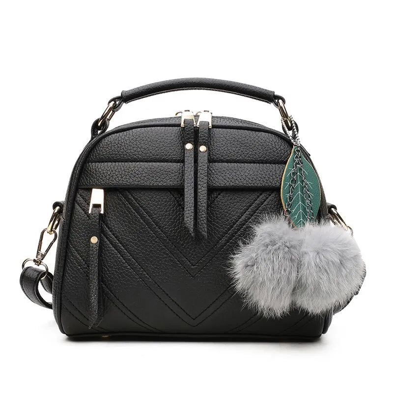 Women Messenger Bags PU Leather Handbag Inclined Shoulder Bag Women Crossbody Handbags Bag Ball Tassel Bag Black