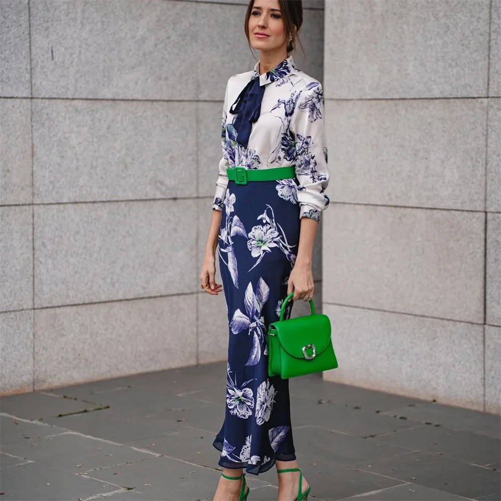 UNIZERA Spring New Fashion Bow Decoration Printed Shirt+High Waist Versatile Long Skirt Spliced with Silk Texture Skirt
