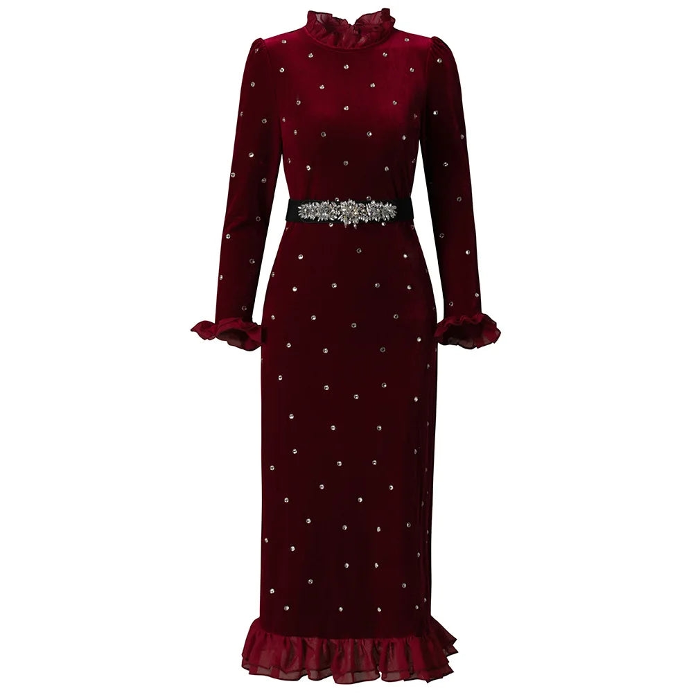 Solid Slimming Spliced Wave Point Elegant Dresses for Women Round Neck Long Sleeves Patchwork Bead Dress Female New