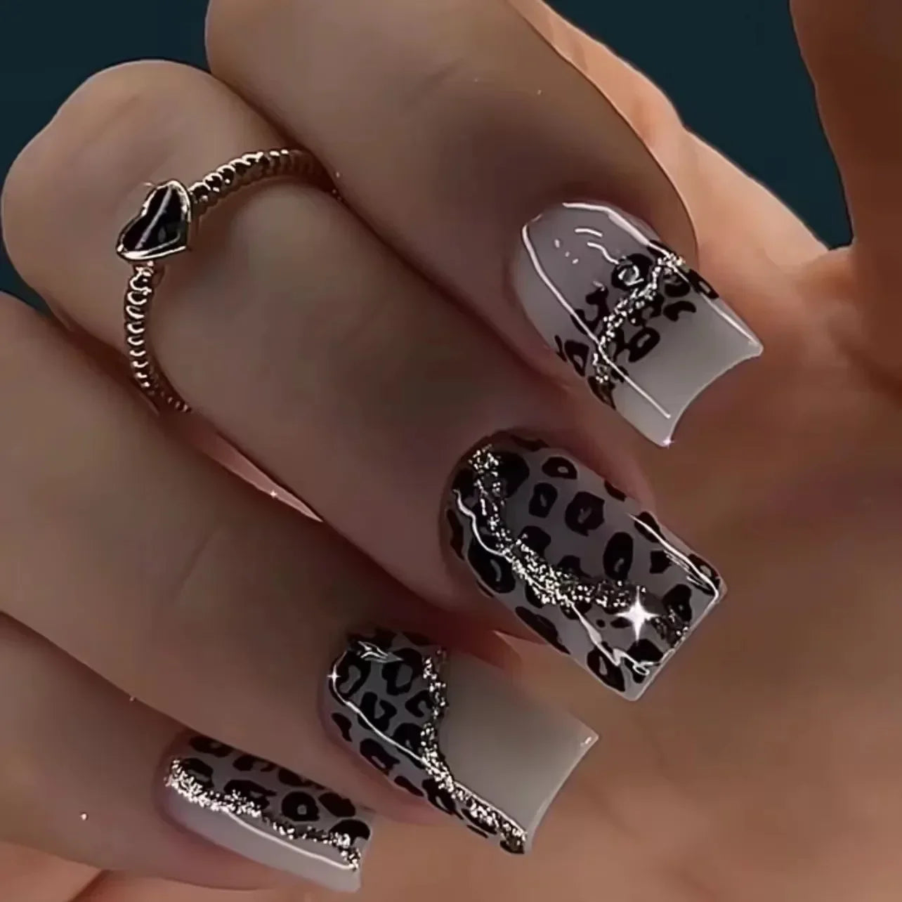 Cherry Leopard Print Almond Fake Nails Art Ballet Pointed False Nails Charms Flower Star Love Heart Press on Nails Manicure Tool