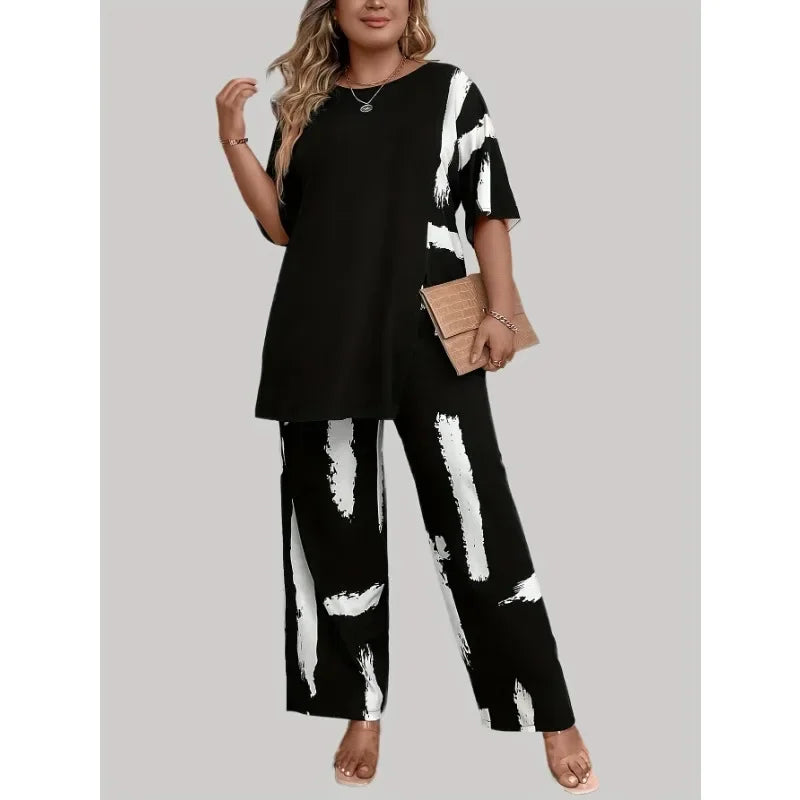 Plus Size 1XL-5XL Women's Brush Print EleganceRound Neck Short Sleeve Split Top & Matching Pants 2 Piece Outfit Set