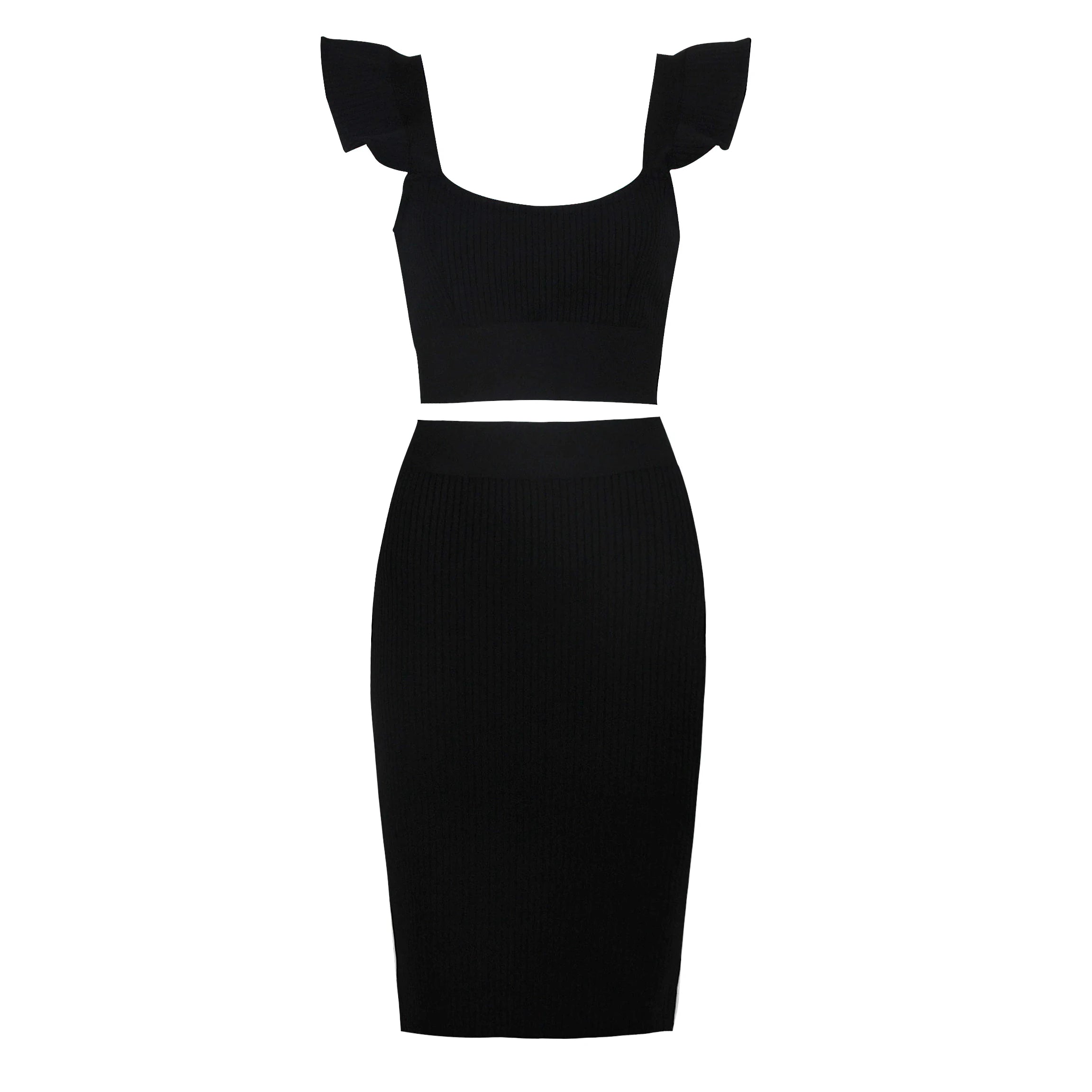Celebridade Moda Sexy Verde Amarelo Babados Bodycon Rayon Duas Peças Vestido Bandage Duas Peças e Conjunto de Saia