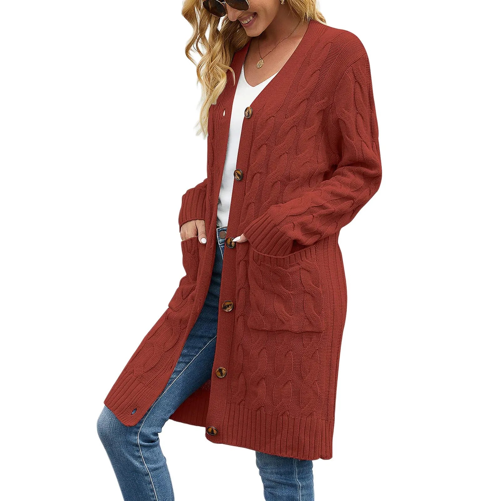 Female Cardigan Solid Color Long Sleeve Sweater Knitted Coat with Pockets for Spring Fall S M L