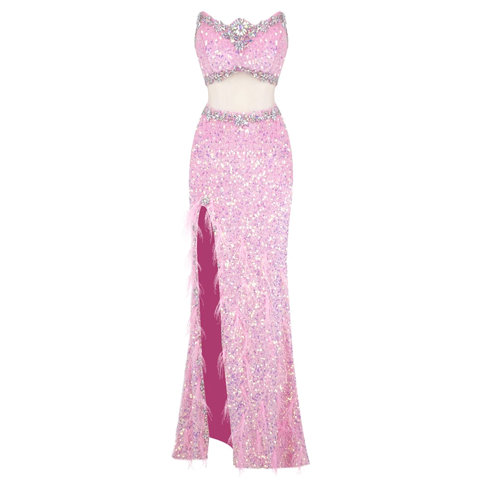 VC Pink Sparkly Sequins Long Dress Beaded Crystal Feather Embellished High Slit Straight Floor-length Prom Evening Gown Vestidos