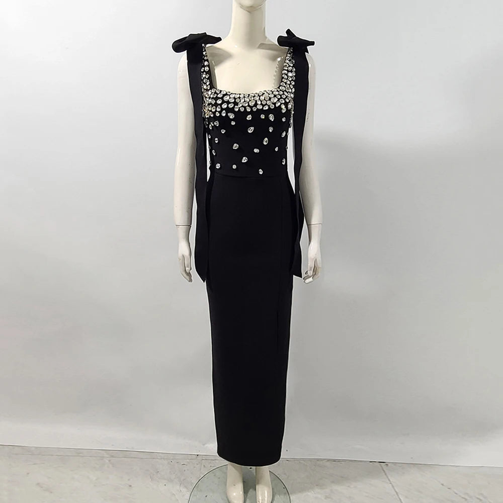 Ladies Sparkling Luxury Diamond Spaghetti Strap Backless Design Sleeveless Sexy Maxi Bandage Dress Celebrity Evening Party Gowns