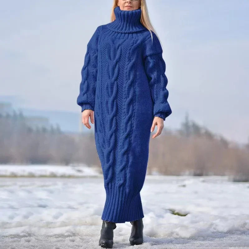 Autumn Winter Solid Color Turtleneck Pullover Women Twisted Loose Knitted Sweater Long Dress Sweater For Female Oversize Blue LYQ273