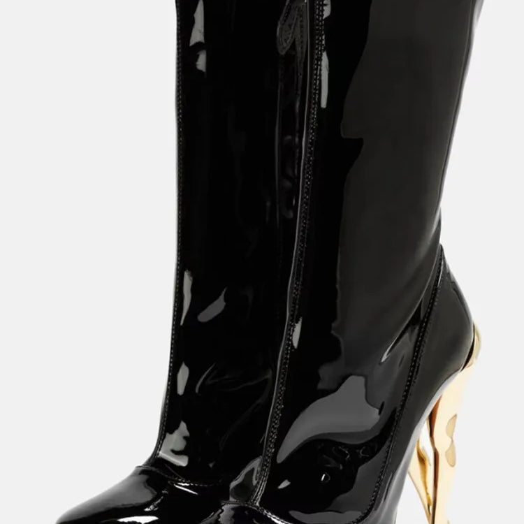 Women's New Lacquer Leather Black Show Irregular High Heel Knee Length Women's Boots Fashion Round Head Side Zipper Party Boots w522-black