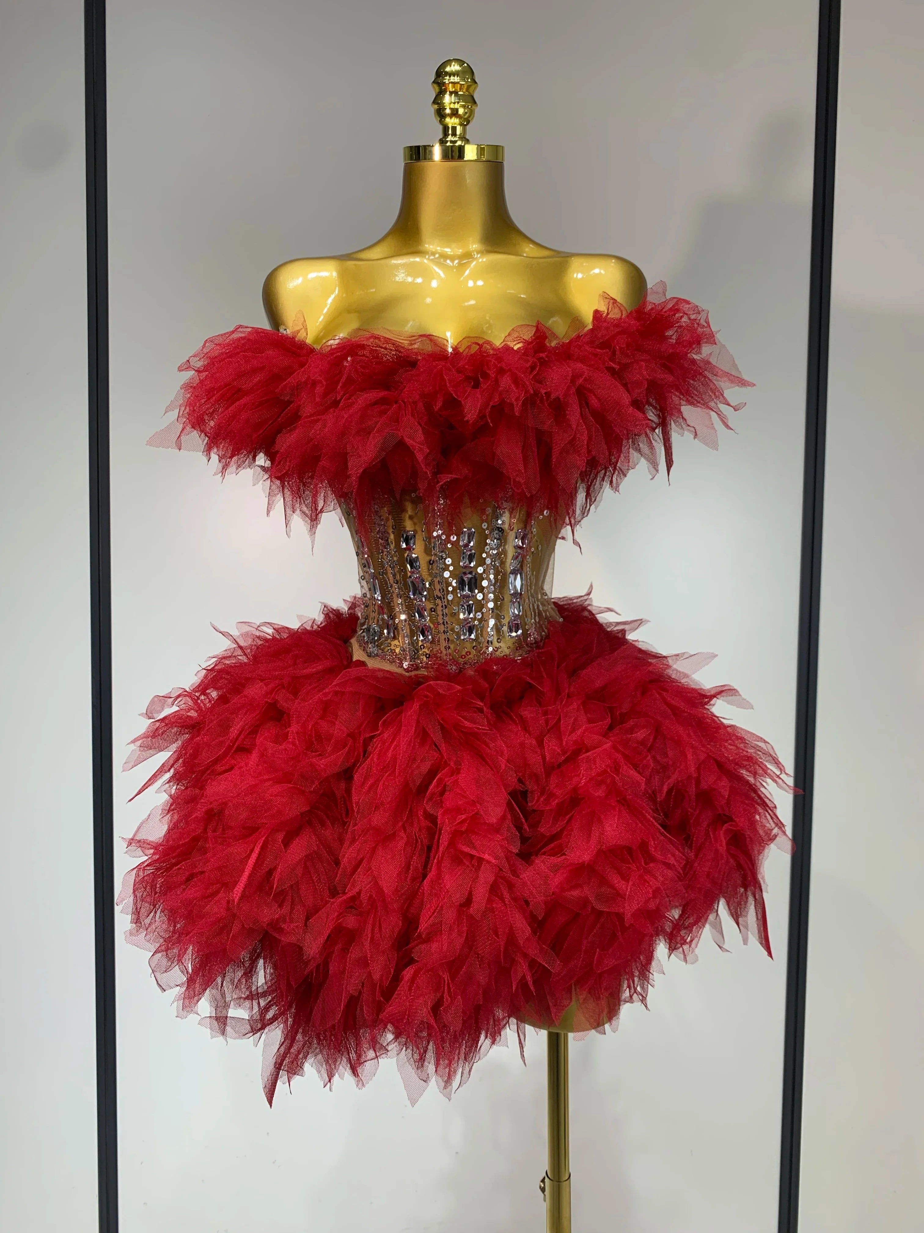 Sexy Strapless Red Mesh Two Pieces Set Singer Nightlcub Party Stage Outfit Photo Shoot Prom Gown Luxury Birthday Dresses