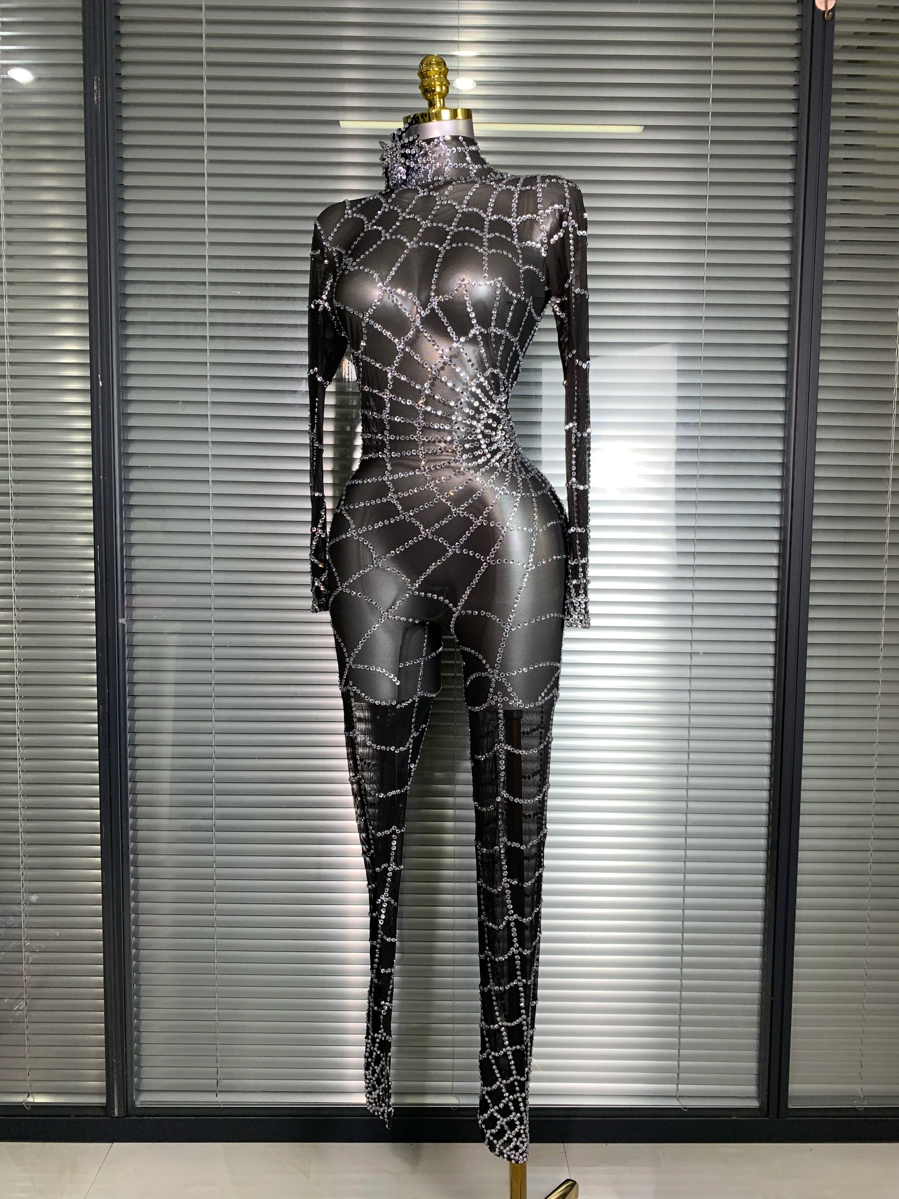 Summer New 2025 Women Sexy Crystal Sheer Black Long Sleeve Bodycon Jumpsuit Celebrity Designer Dancer Night Club Rompers