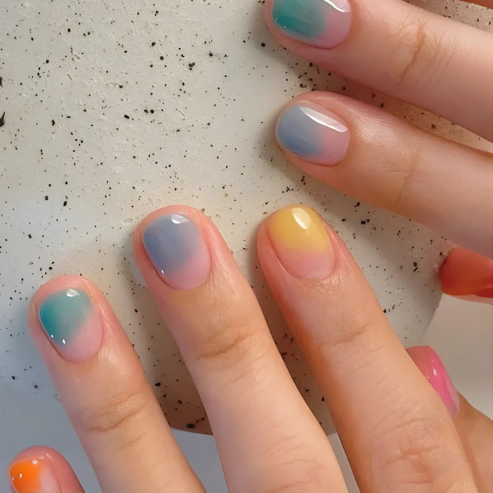 24pcs/set Short medium long fake nails colorful gradient Y2K sunset heart leopard print square ballet tips press on false nail