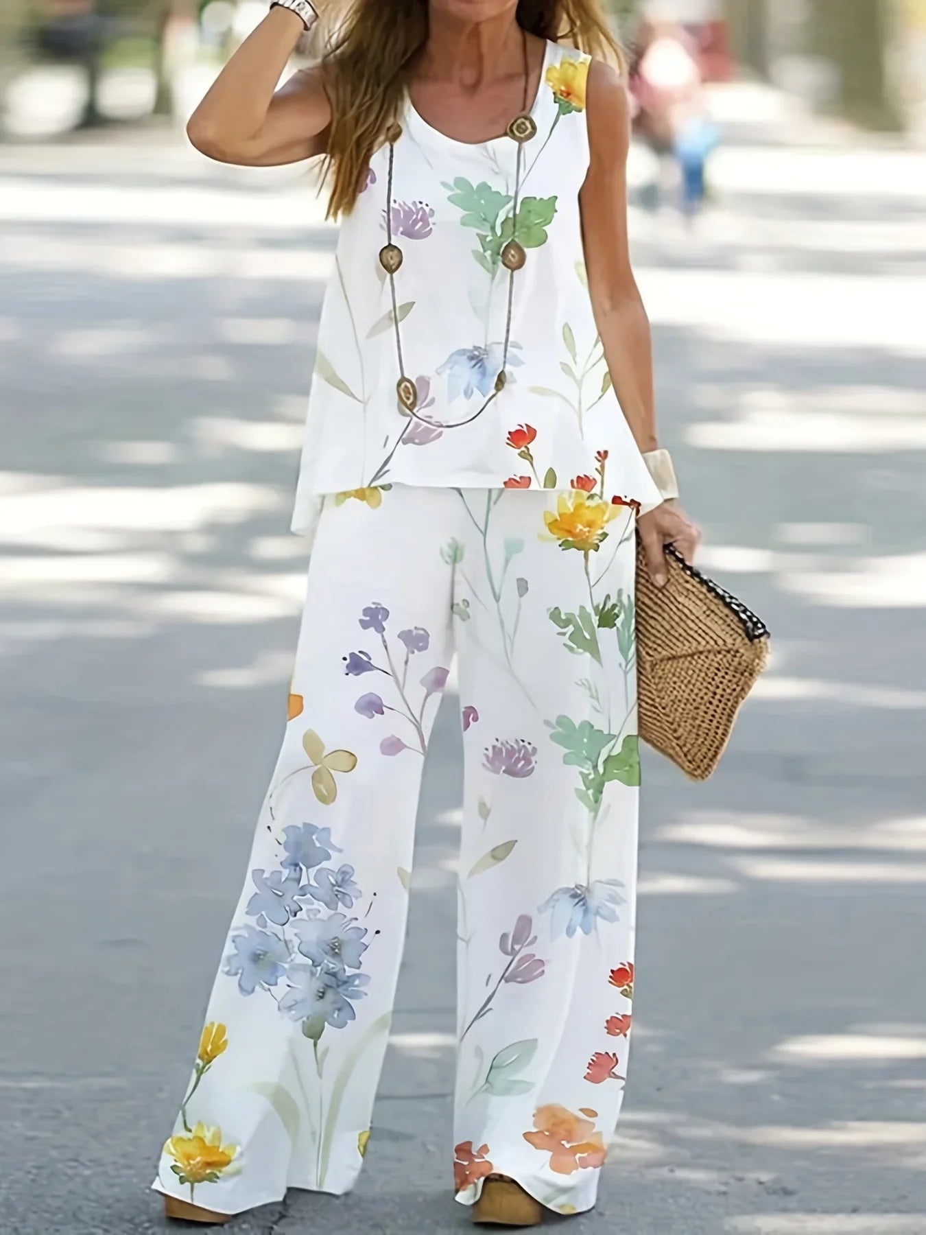 Plus Size 1XL-8XL Women's Casual Outfits Two Piece Set Solid Round Neck Tank Top Wide Leg Pants Outfits 2 Piece Set
